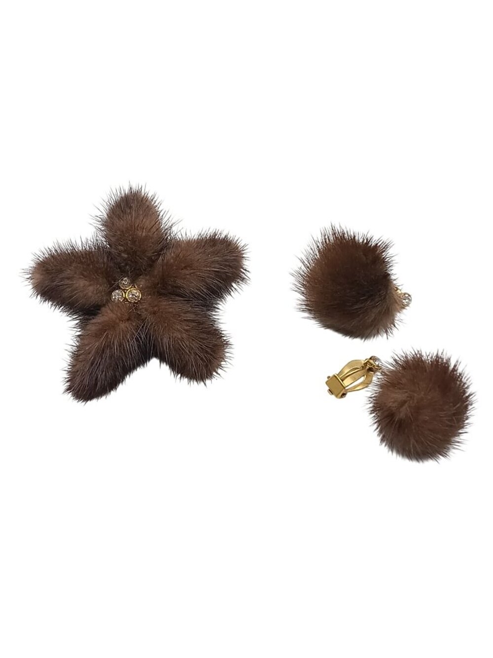 Brown Mink Fur Brooch & Clip-On Pom Pom Dangle Earring Set with Rhinestones Vint